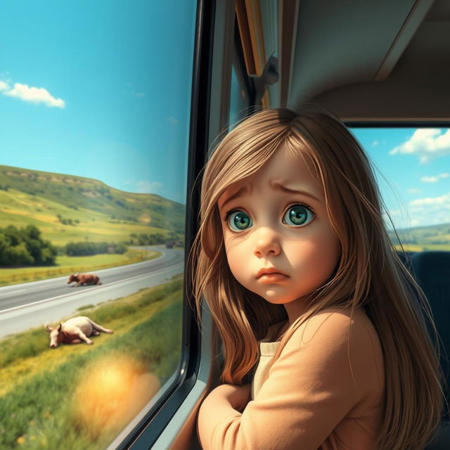 A sad 8-year-old girl with big expressive eyes, gazing out of a bus window while looking at a dead cow lying on the side of a beautiful highway