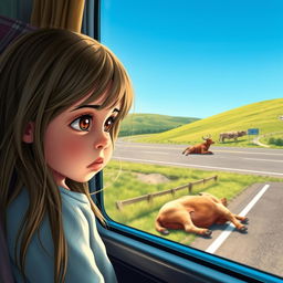 A sad 8-year-old girl with big expressive eyes, gazing out of a bus window while looking at a dead cow lying on the side of a beautiful highway