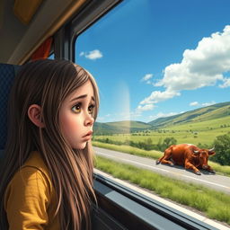 A sad 8-year-old girl with big expressive eyes, gazing out of a bus window while looking at a dead cow lying on the side of a beautiful highway