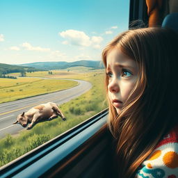 A sad 8-year-old girl with big expressive eyes, gazing out of a bus window while looking at a dead cow lying on the side of a beautiful highway