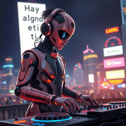 Un DJ futurista mitad humano y mitad androide, con un diseño detallado que muestra tanto elementos orgánicos como mecánicos