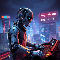 Un DJ futurista mitad humano y mitad androide, con un diseño detallado que muestra tanto elementos orgánicos como mecánicos