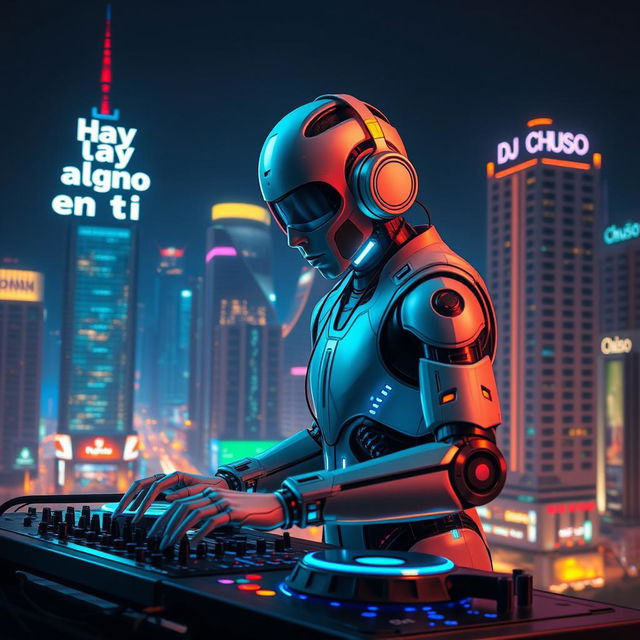 Un DJ futurista mitad humano y mitad androide, con un diseño detallado que muestra tanto elementos orgánicos como mecánicos