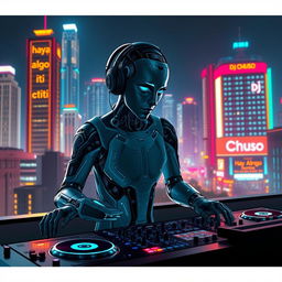 Un DJ futurista mitad humano y mitad androide, con un diseño detallado que muestra tanto elementos orgánicos como mecánicos