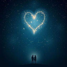A captivating scene illustrating a dark night sky ablaze with twinkling stars, forming a stunning heart-shaped constellation that radiates a soft, luminous glow