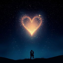 A captivating scene illustrating a dark night sky ablaze with twinkling stars, forming a stunning heart-shaped constellation that radiates a soft, luminous glow