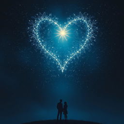 A captivating scene illustrating a dark night sky ablaze with twinkling stars, forming a stunning heart-shaped constellation that radiates a soft, luminous glow