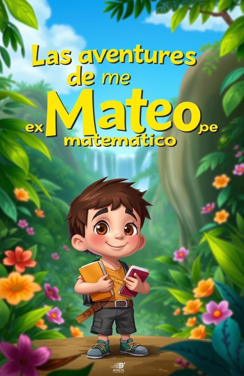 A digital 2D illustration for a story cover titled 'Las aventuras de Mateo, el explorador matemático'