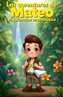A digital 2D illustration for a story cover titled 'Las aventuras de Mateo, el explorador matemático'