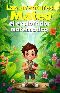 A digital 2D illustration for a story cover titled 'Las aventuras de Mateo, el explorador matemático'