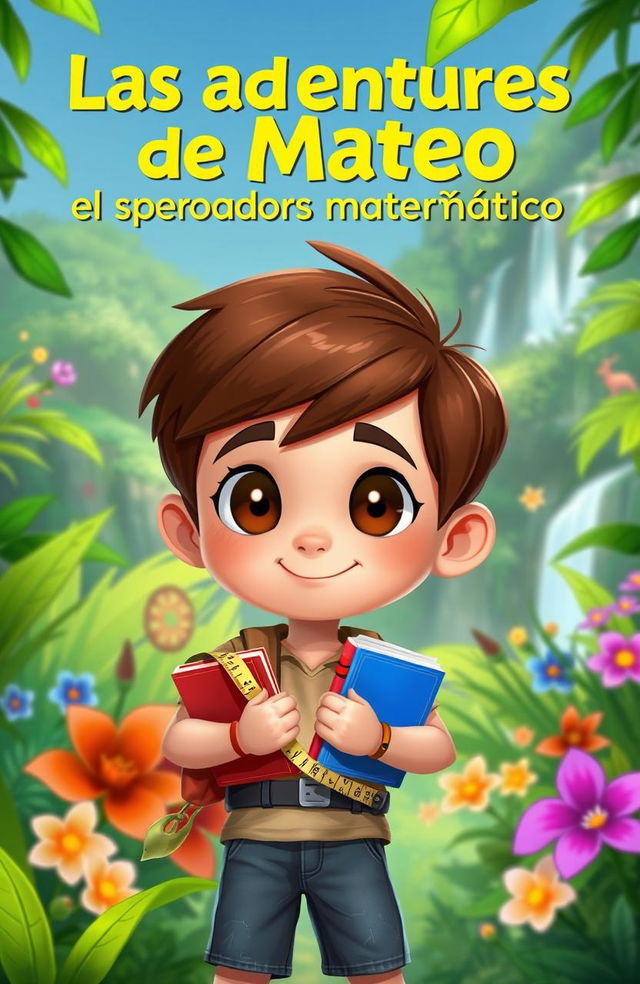 A digital 2D illustration for a story cover titled 'Las aventuras de Mateo, el explorador matemático'