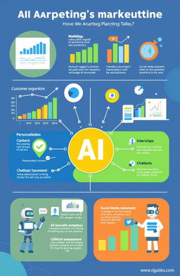 A modern and visually appealing infographic showcasing various AI applications in marketing strategies