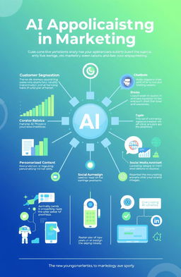 A modern and visually appealing infographic showcasing various AI applications in marketing strategies