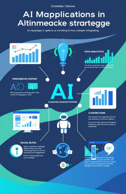 A modern and visually appealing infographic showcasing various AI applications in marketing strategies