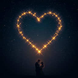 A captivating scene illustrating a deep, dark night sky filled with shimmering stars that elegantly form a radiant heart-shaped constellation