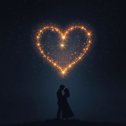 A captivating scene illustrating a deep, dark night sky filled with shimmering stars that elegantly form a radiant heart-shaped constellation
