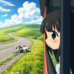 A heart-wrenching scene in anime style featuring a sad 8-year-old girl with long black hair peering out of a bus window, her big expressive eyes filled with tears