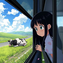 A heart-wrenching scene in anime style featuring a sad 8-year-old girl with long black hair peering out of a bus window, her big expressive eyes filled with tears