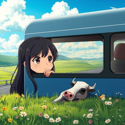 A heart-wrenching scene in anime style featuring a sad 8-year-old girl with long black hair peering out of a bus window, her big expressive eyes filled with tears