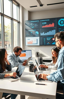A dynamic and professional workspace showcasing a team of diverse marketers collaborating on a project using AI tools