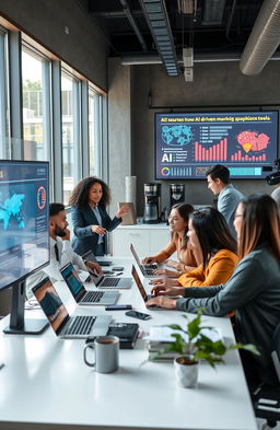 A dynamic and professional workspace showcasing a team of diverse marketers collaborating on a project using AI tools