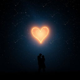 A captivating scene showcasing a dark, expansive night sky illuminated by a stunning heart-shaped constellation that radiates a soft, warm glow