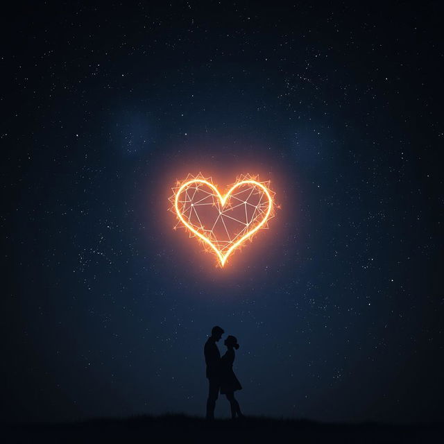 A captivating scene showcasing a dark, expansive night sky illuminated by a stunning heart-shaped constellation that radiates a soft, warm glow