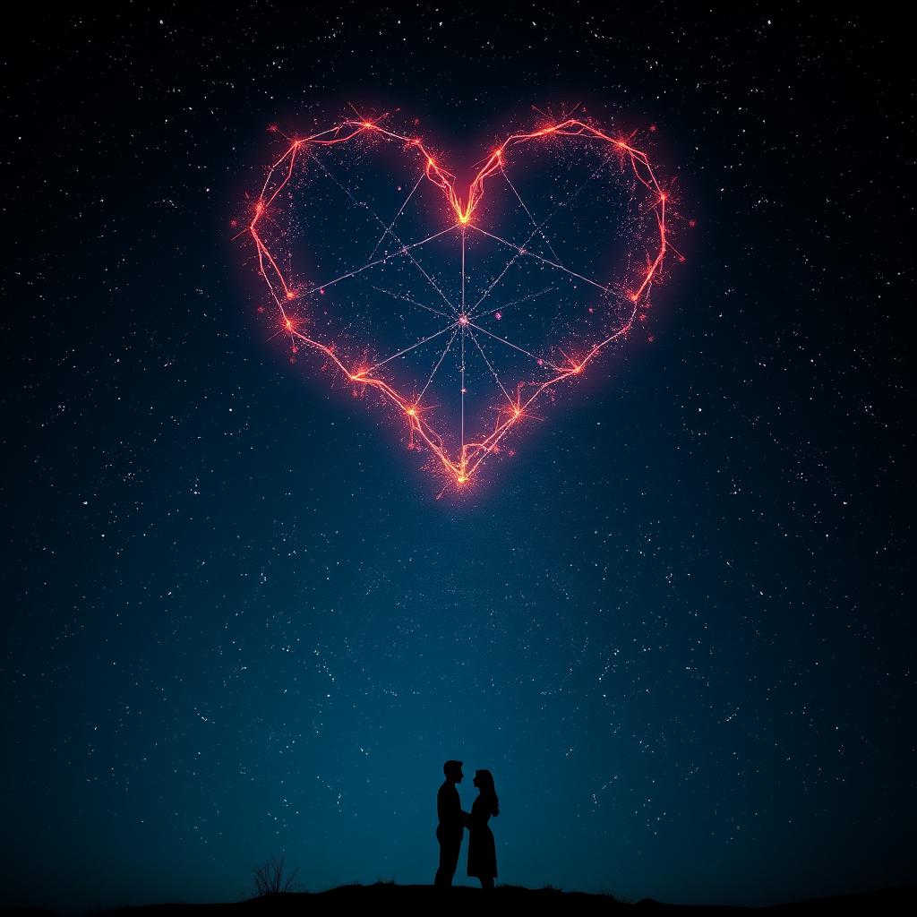 A captivating scene showcasing a dark, expansive night sky illuminated by a stunning heart-shaped constellation that radiates a soft, warm glow