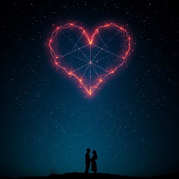 A captivating scene showcasing a dark, expansive night sky illuminated by a stunning heart-shaped constellation that radiates a soft, warm glow