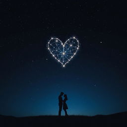 A captivating scene depicting a dark, star-filled night sky, illuminated by a radiant heart-shaped constellation that sparkles with a soft and inviting glow