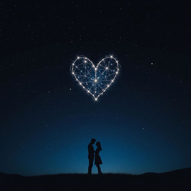 A captivating scene depicting a dark, star-filled night sky, illuminated by a radiant heart-shaped constellation that sparkles with a soft and inviting glow