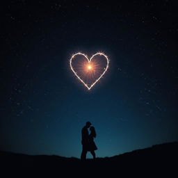 A captivating scene depicting a dark, star-filled night sky, illuminated by a radiant heart-shaped constellation that sparkles with a soft and inviting glow