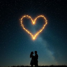 A captivating scene depicting a deep, dark night sky filled with a multitude of stars, elegantly forming a radiant heart-shaped constellation that shines brightly amidst the velvety blackness