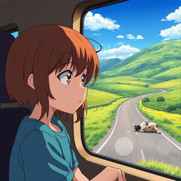 A sad 8-year-old girl sitting inside a bus, seen through the window, her face reflecting a mix of sorrow and curiosity as she gazes out at a beautiful highway
