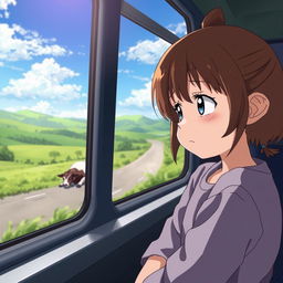 A sad 8-year-old girl sitting inside a bus, seen through the window, her face reflecting a mix of sorrow and curiosity as she gazes out at a beautiful highway