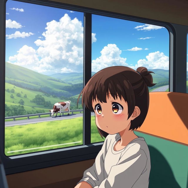 A sad 8-year-old girl sitting inside a bus, seen through the window, her face reflecting a mix of sorrow and curiosity as she gazes out at a beautiful highway