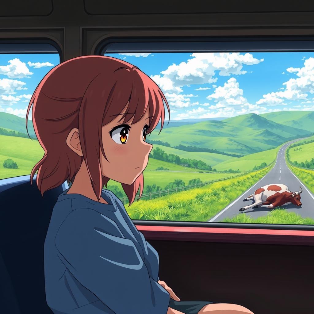 A sad 8-year-old girl sitting inside a bus, seen through the window, her face reflecting a mix of sorrow and curiosity as she gazes out at a beautiful highway