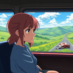 A sad 8-year-old girl sitting inside a bus, seen through the window, her face reflecting a mix of sorrow and curiosity as she gazes out at a beautiful highway