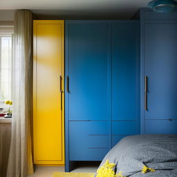 A modern bedroom with a harmonious blend of blue and yellow hues. It features a sleek blue cupboard, a contemporary dressing table, and a cozy bed with yellow linens. The room radiates warmth and comfort while maintaining a stylish demeanor.