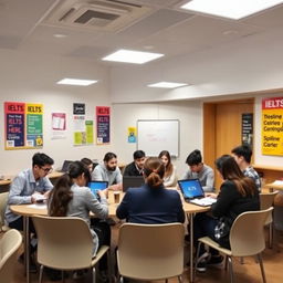 A modern and inviting IELTS preparation center, featuring students engaged in focused study with books and laptops