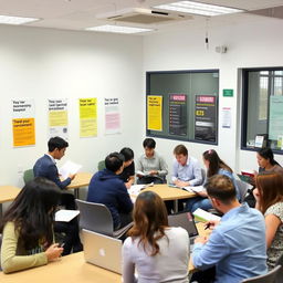 A modern and inviting IELTS preparation center, featuring students engaged in focused study with books and laptops