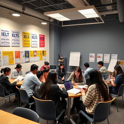 A modern and inviting IELTS preparation center, featuring students engaged in focused study with books and laptops