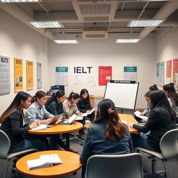 A modern and inviting IELTS preparation center, featuring students engaged in focused study with books and laptops