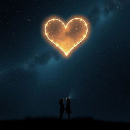 A captivating scene illustrating a vast, dark night sky, beautifully dotted with stars and dominated by a radiant heart-shaped constellation that glows with a soft, ethereal light