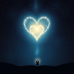 A captivating scene illustrating a vast, dark night sky, beautifully dotted with stars and dominated by a radiant heart-shaped constellation that glows with a soft, ethereal light