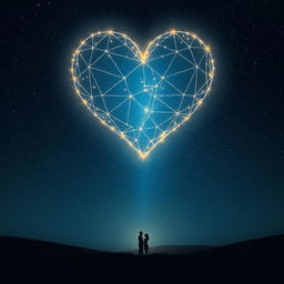 A captivating scene illustrating a vast, dark night sky, beautifully dotted with stars and dominated by a radiant heart-shaped constellation that glows with a soft, ethereal light