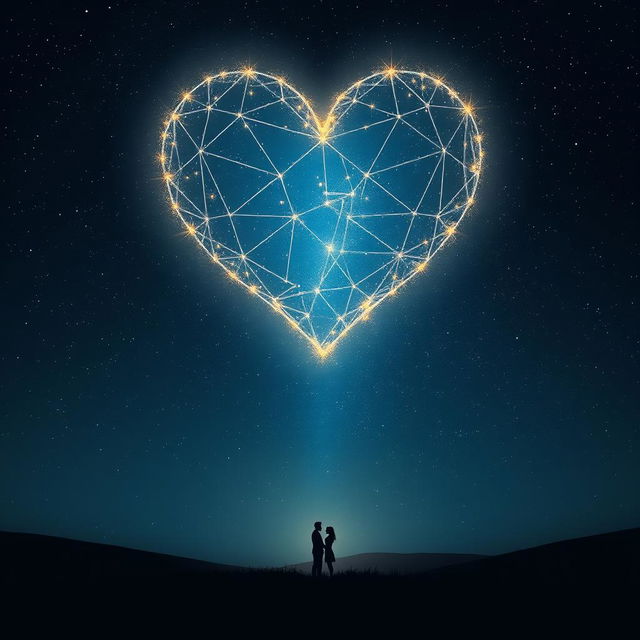 A captivating scene illustrating a vast, dark night sky, beautifully dotted with stars and dominated by a radiant heart-shaped constellation that glows with a soft, ethereal light