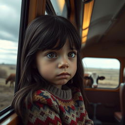 A poignant scene depicting a sad 8-year-old girl with big expressive eyes, gazing through a bus window