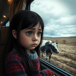 A poignant scene depicting a sad 8-year-old girl with big expressive eyes, gazing through a bus window