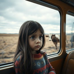 A poignant scene depicting a sad 8-year-old girl with big expressive eyes, gazing through a bus window